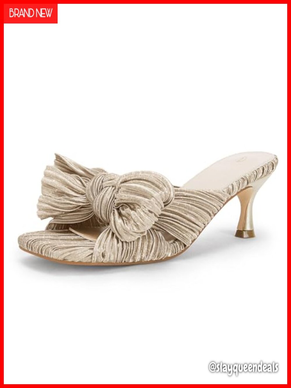 Coutgo Womens Pleated Bowknot Kitten Heel Sandals Open Square Toe Slip On Mules